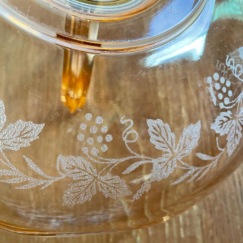 Beautiful Etched Pink Depression Glass Nut Dish with Grape Pattern and Handle