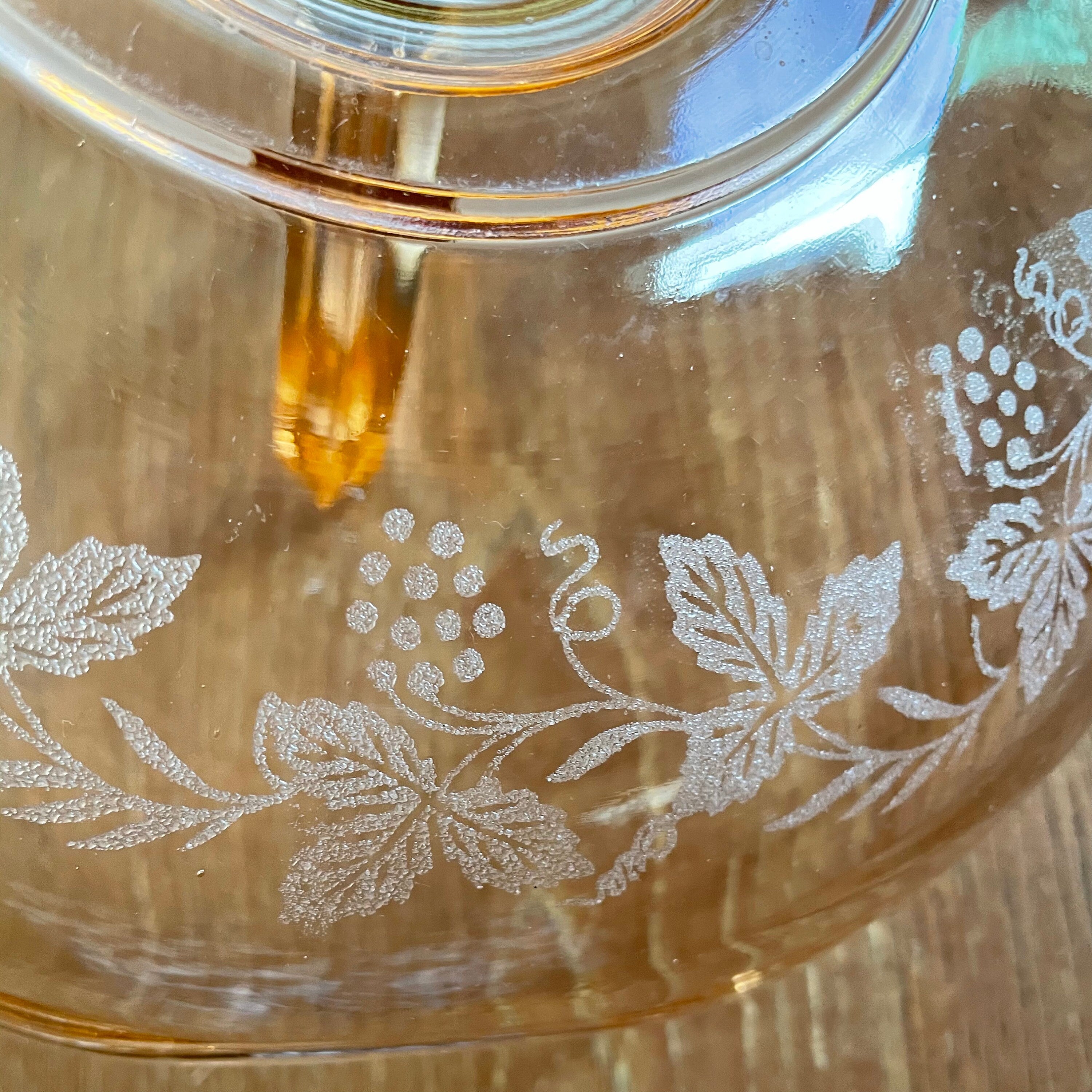 Beautiful Etched Pink Depression Glass Nut Dish with Grape Pattern and Handle