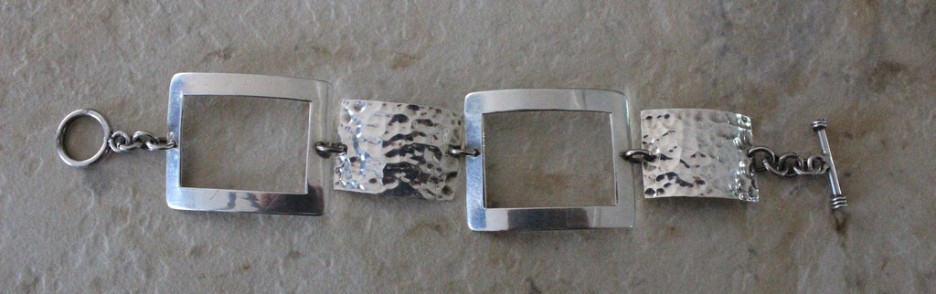 Sterling Silver Panel 925 Modernist Hammered Chain Toggle Bracelet