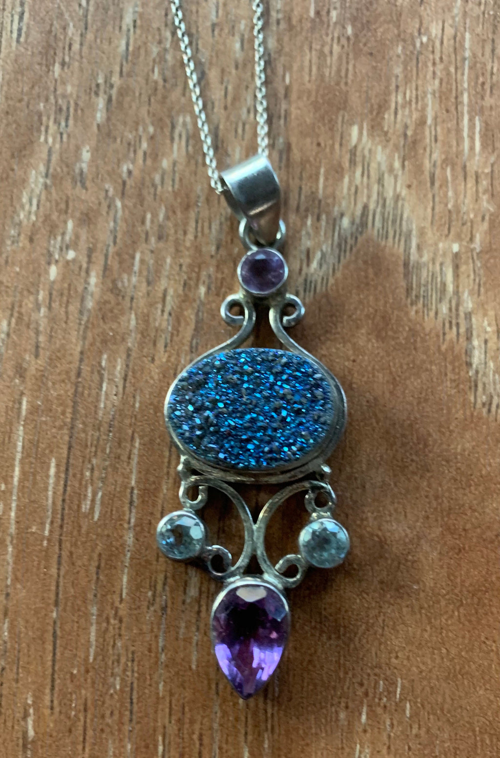 Beautiful Unique Sterling Silver Titanium Druzy Amethyst Pendant Necklace