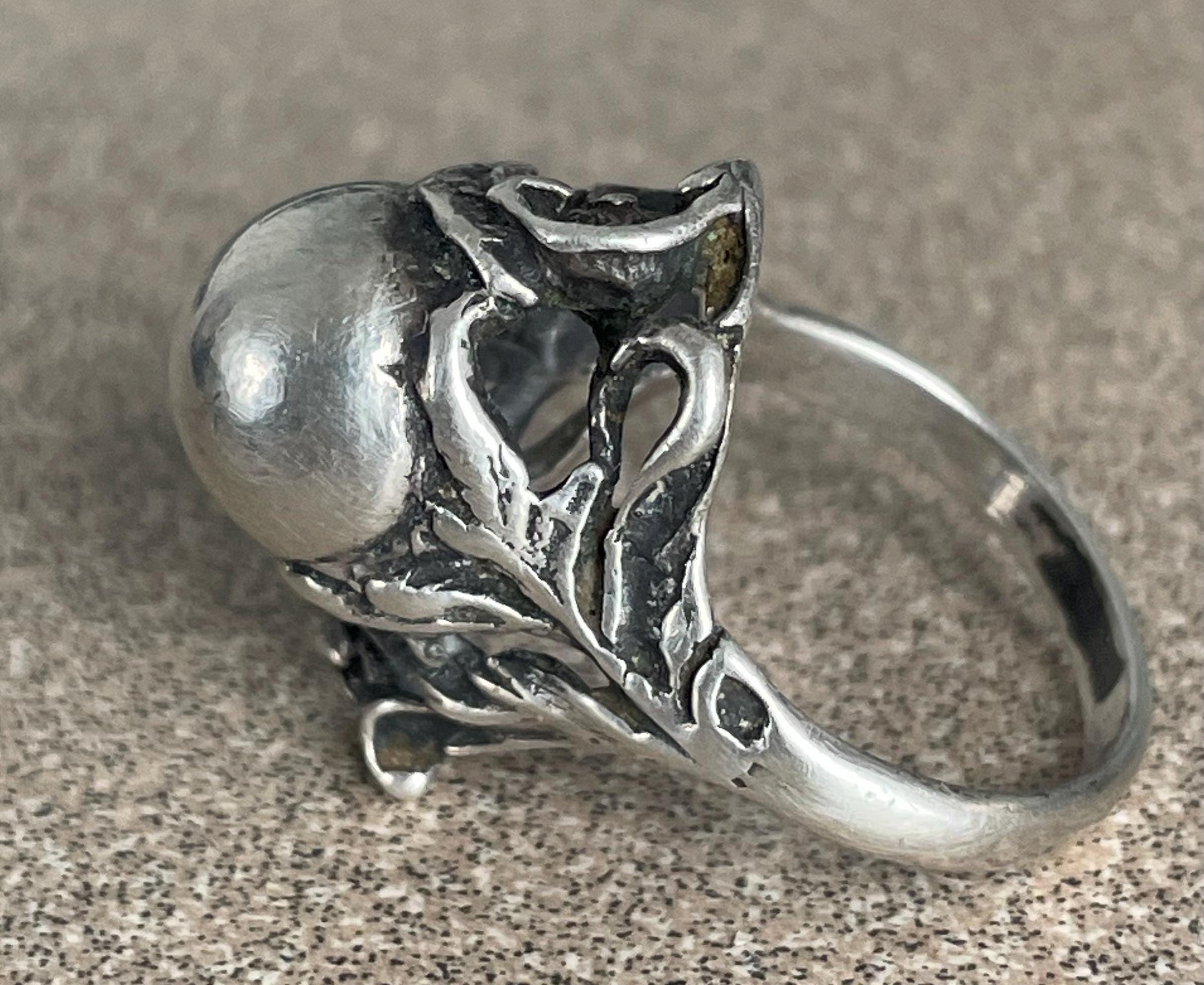 Unique Vintage Artist Signed JP Ladies Sterling Silver Floral Pattern Ring Size 6 1/2