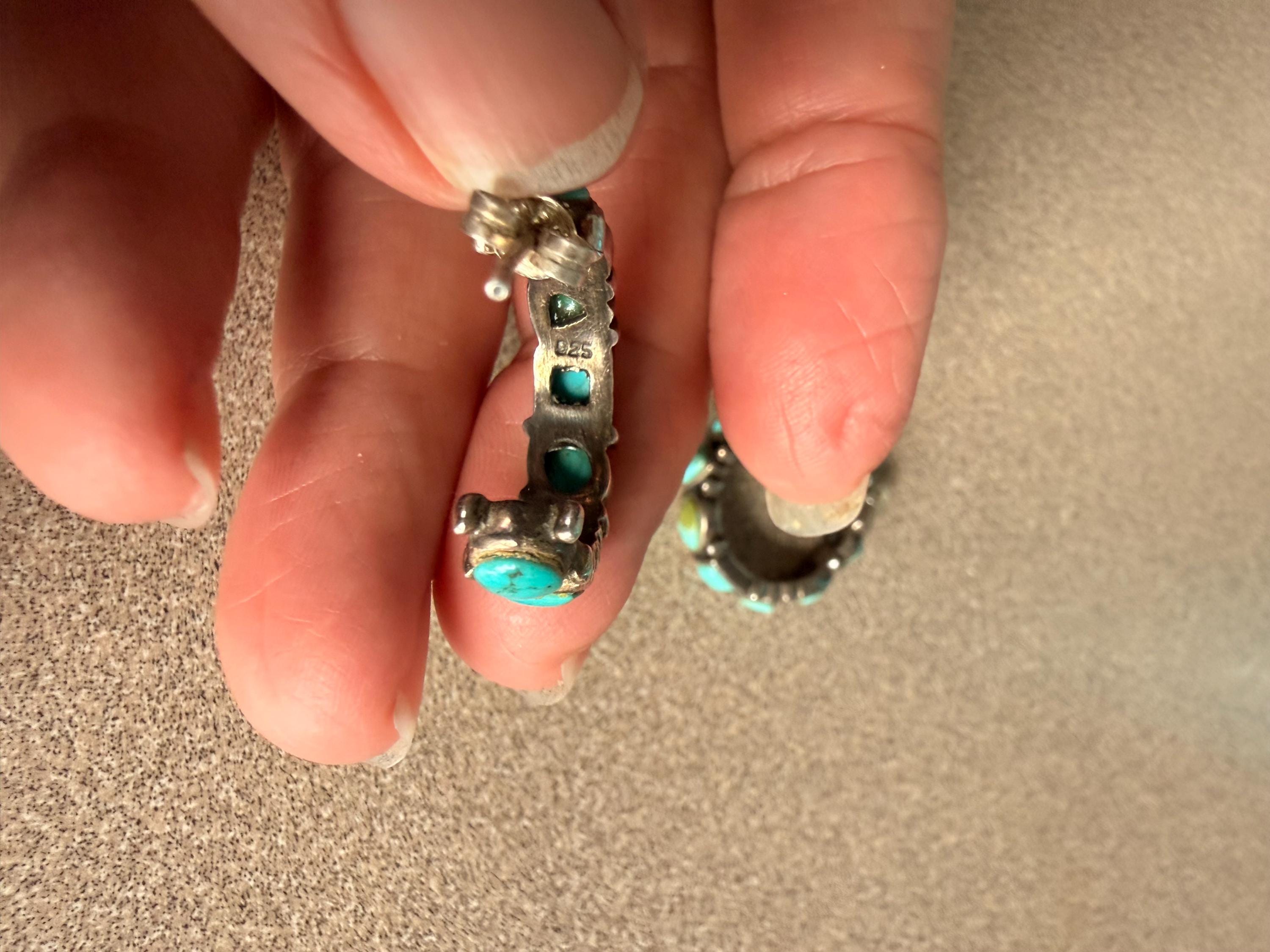 Beautiful Native American Sterling Silver and Turquoise Hoop Round Post Earrings
