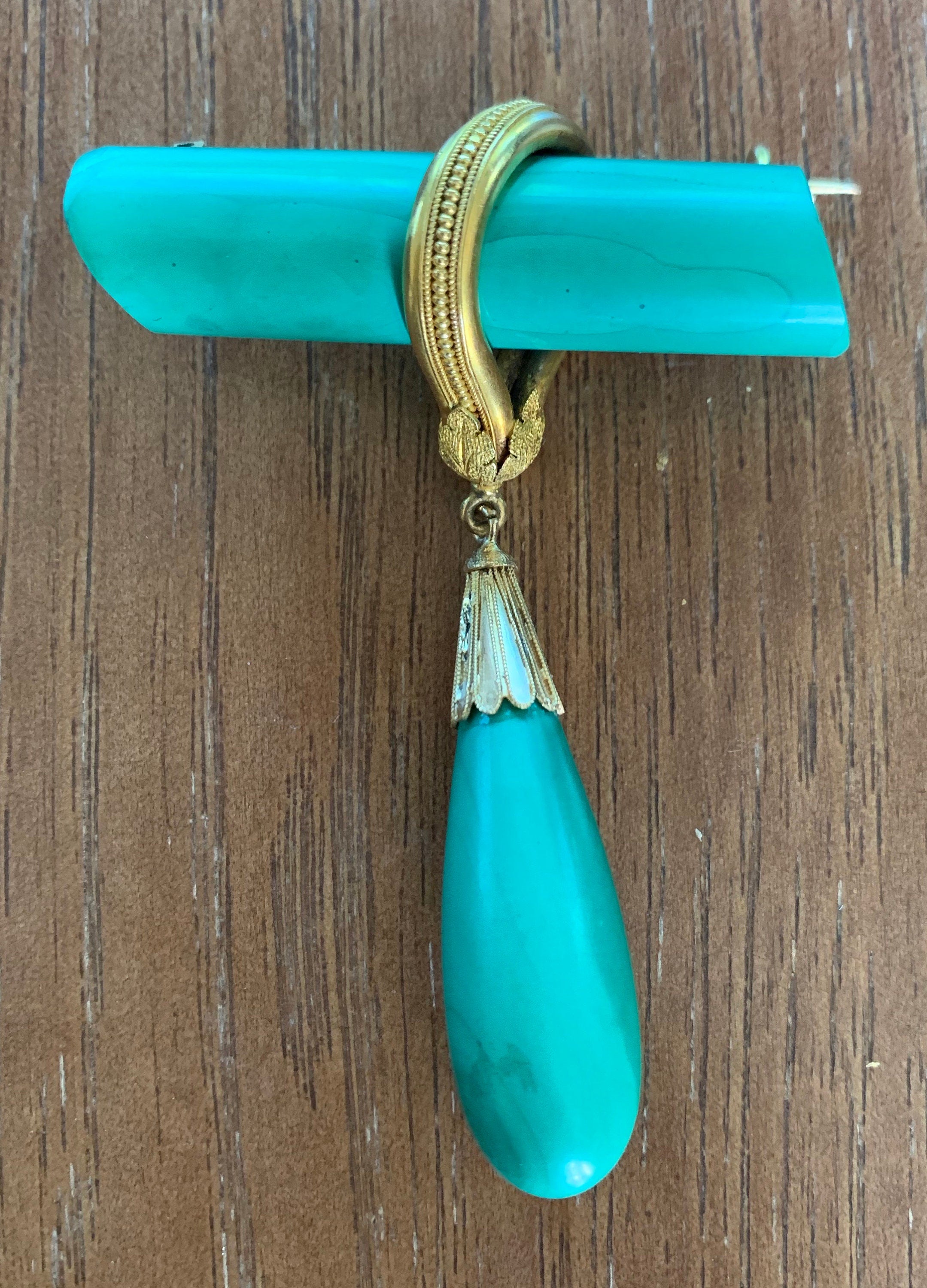 Super Rare 22k Gold Malachite Deco Brooch Pin made in France Stamped
