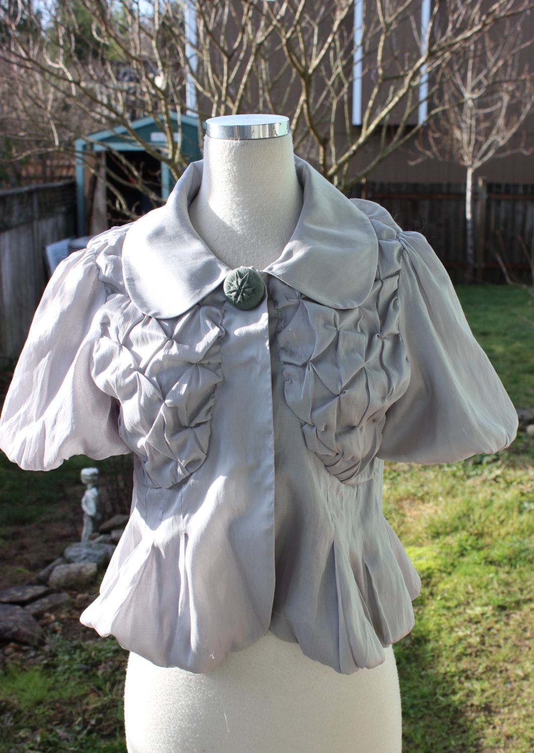 Vintage Formal Gray 100% Silk Pleated Blouse Shirt Top Fancy Unique Vintage Clothing