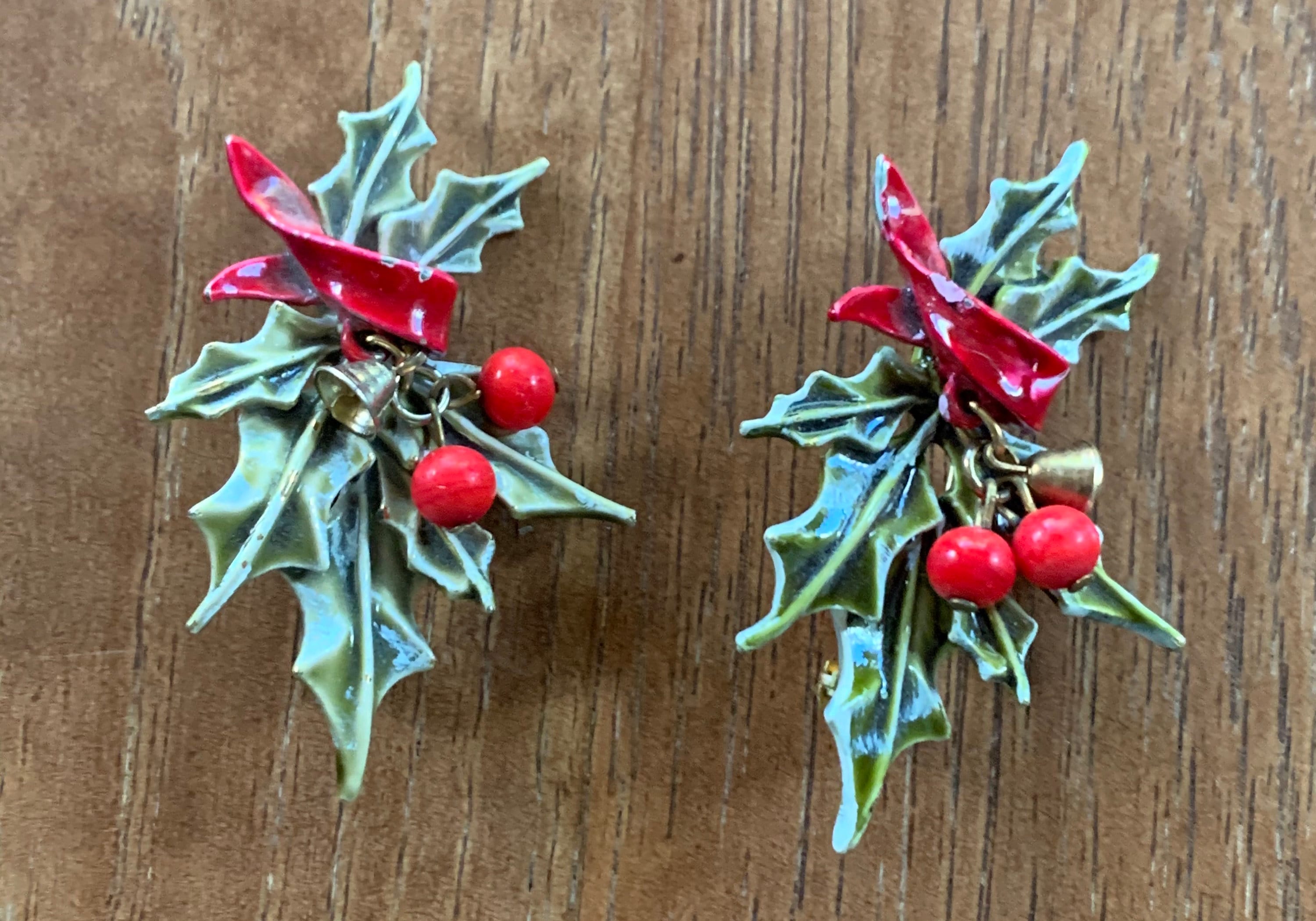 2 Signed ART Holly Berry Enamel Christmas Pins