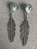 Beautiful Native American Sterling Silver Feather Dangle Post Earrings 2 1/4" long