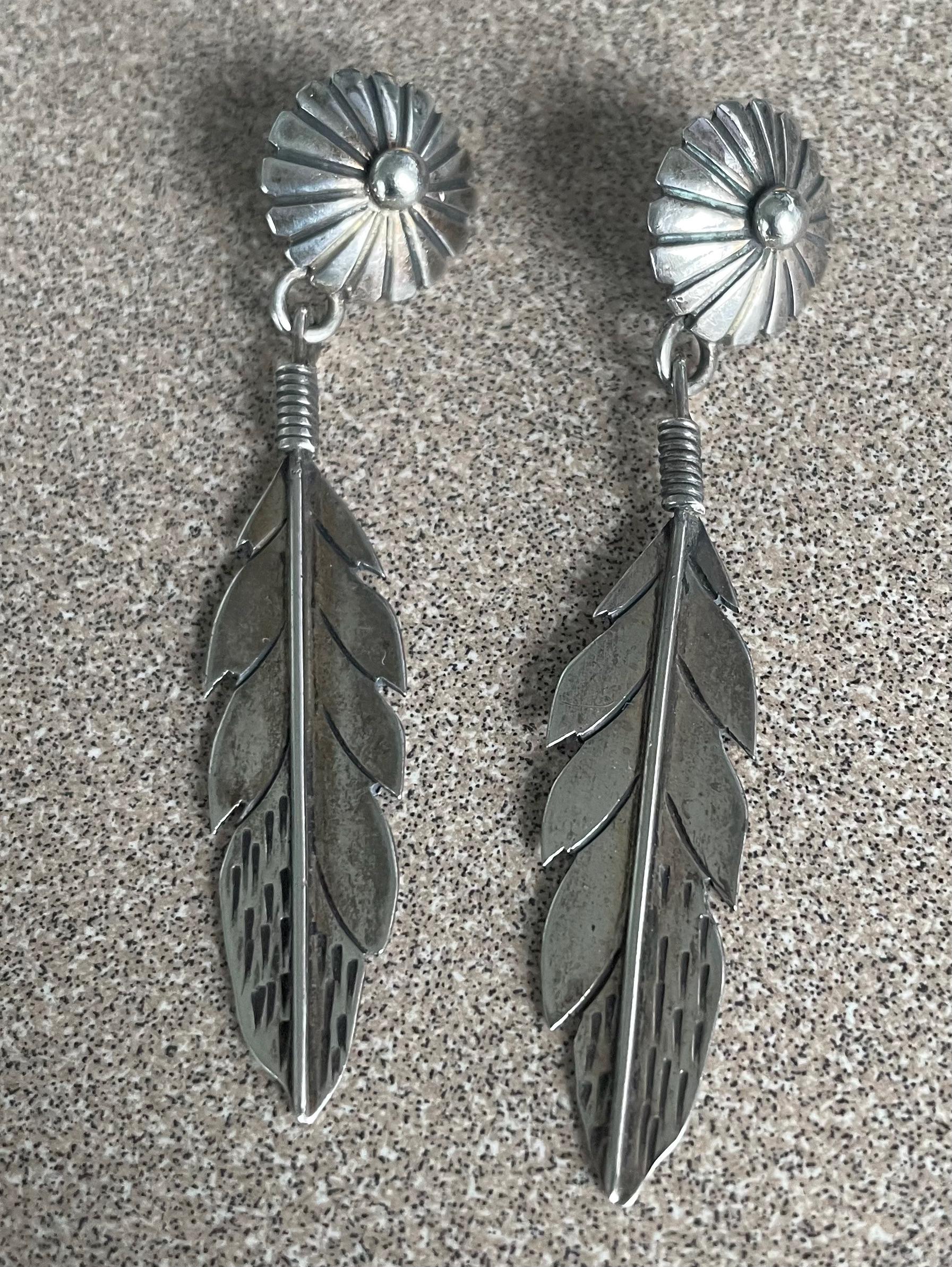 Beautiful Native American Sterling Silver Feather Dangle Post Earrings 2 1/4" long