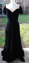 Genuine 1960's Black Velvet Maxi Dress with Lace and Pearls