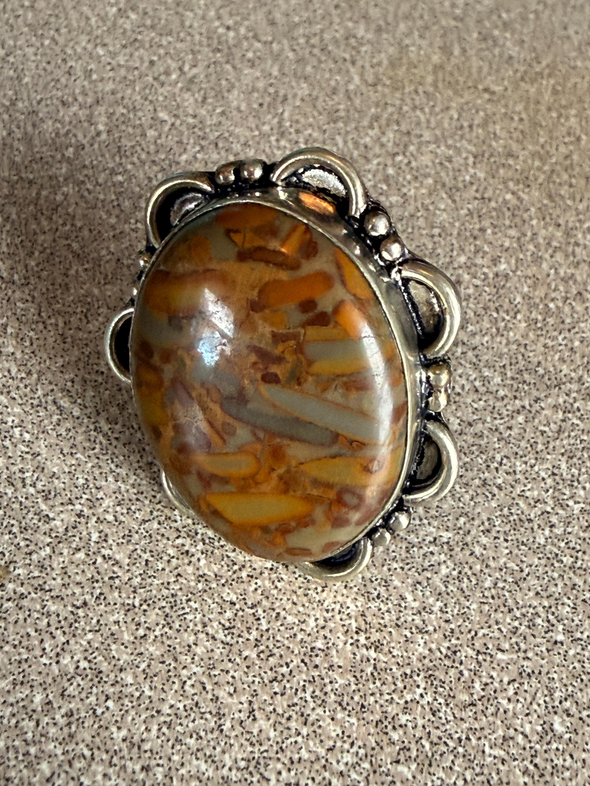 Vintage Sterling Silver and Mexican Agate Ring Size 9