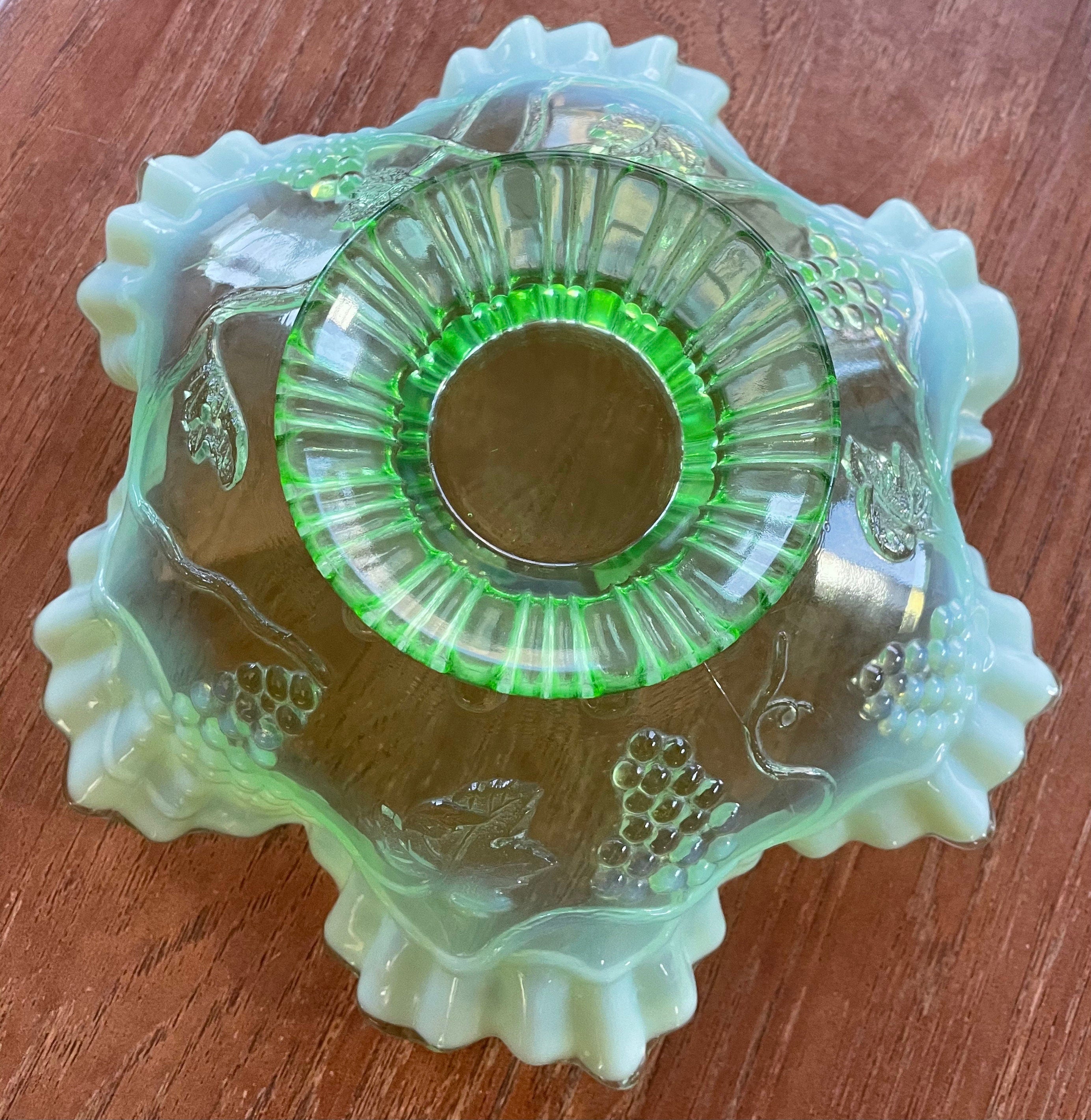 Beautiful Green Opalescent Glass Grape Pattern Footed Candy Dish