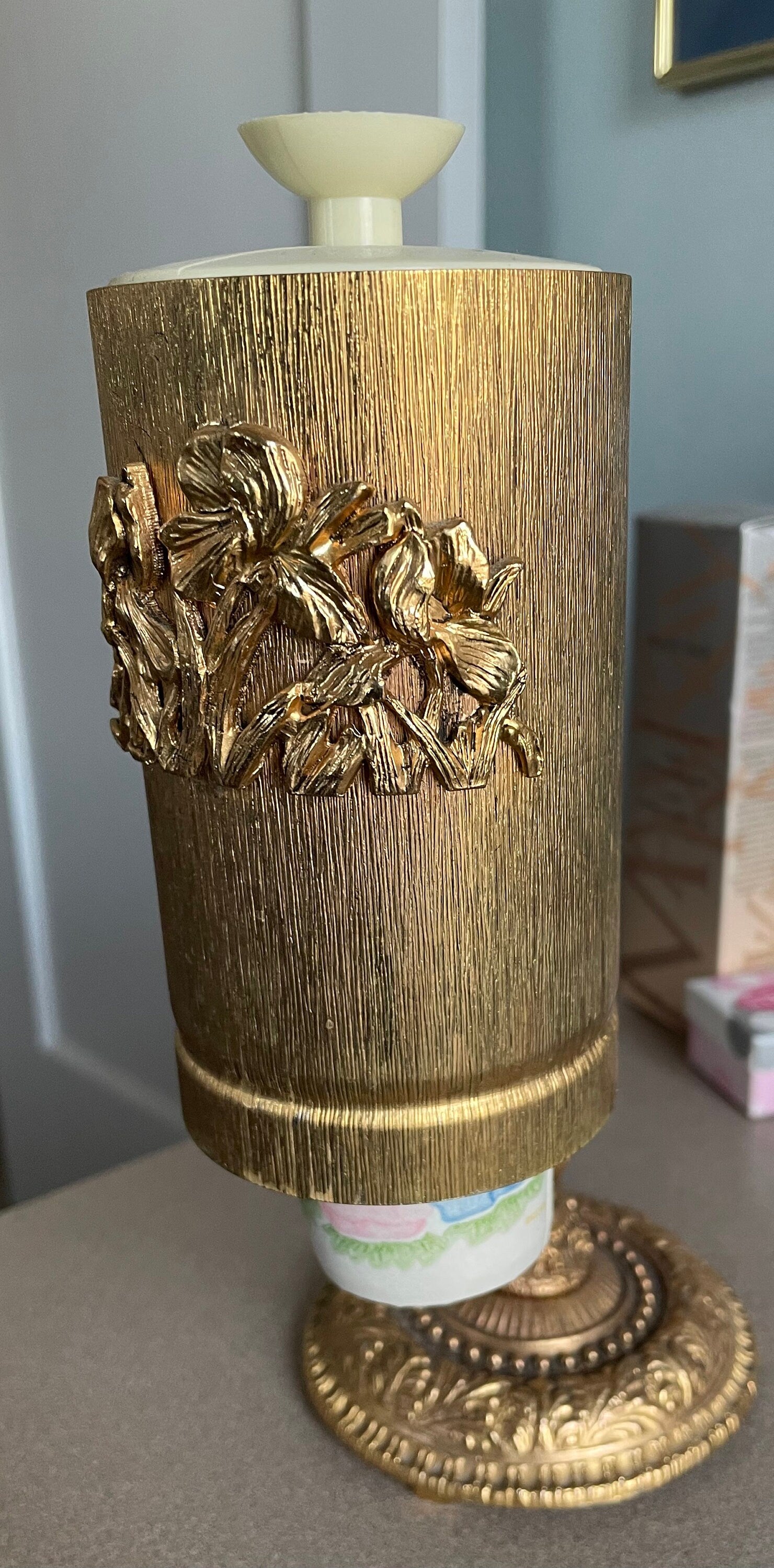 Vintage Gold Guilt Ormolu Dixie Cup Dispenser Bathroom Cup Holder Ornate Floral Design Hollywood Regency