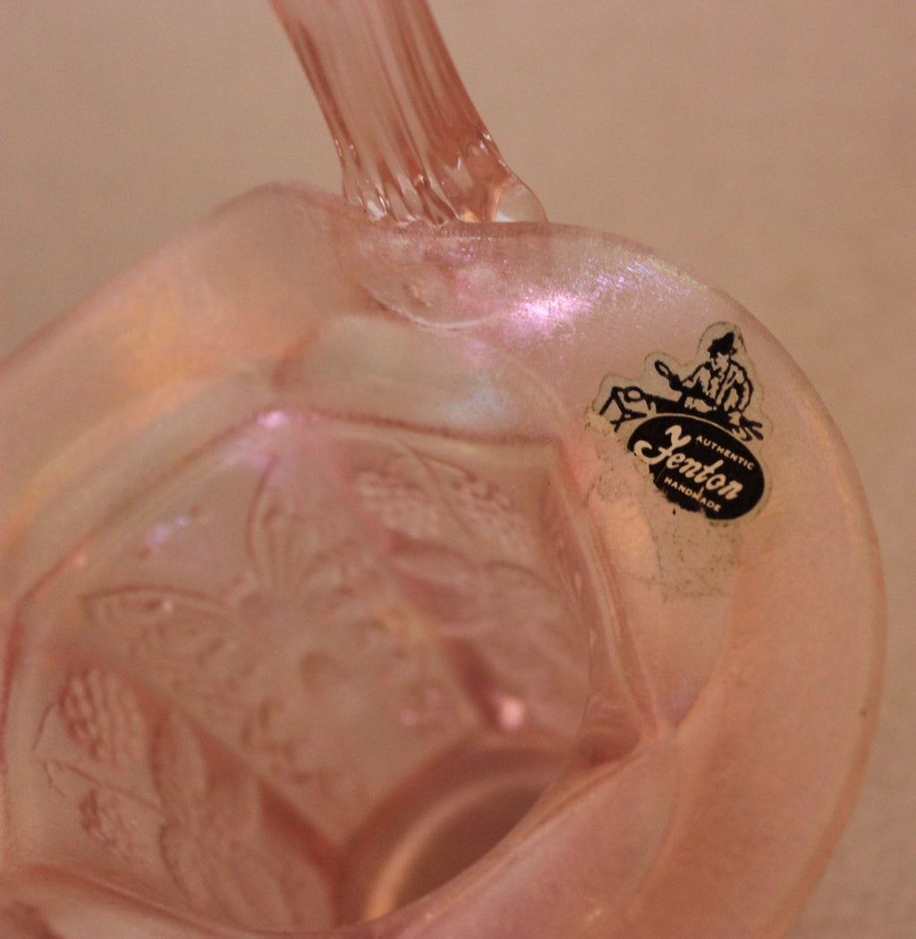 Beautiful Pink Fenton Carnival Glass Berries and Butterflies 7" Basket
