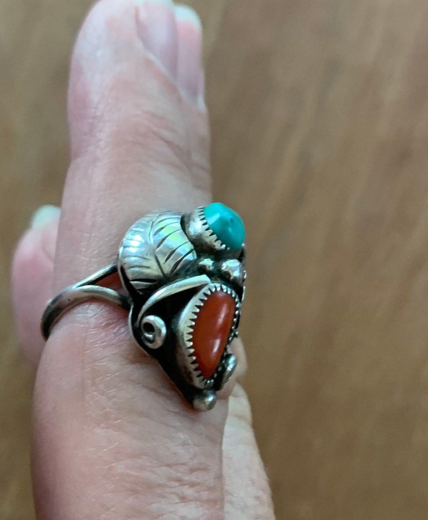 Vintage Artist signed Native American Turquoise and Coral Sterling Ring Size 7