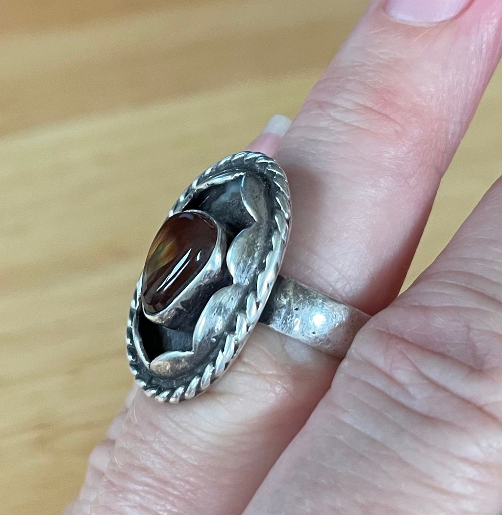 Beautiful Native American Sterling Silver and Fire Agate Ring Size 7