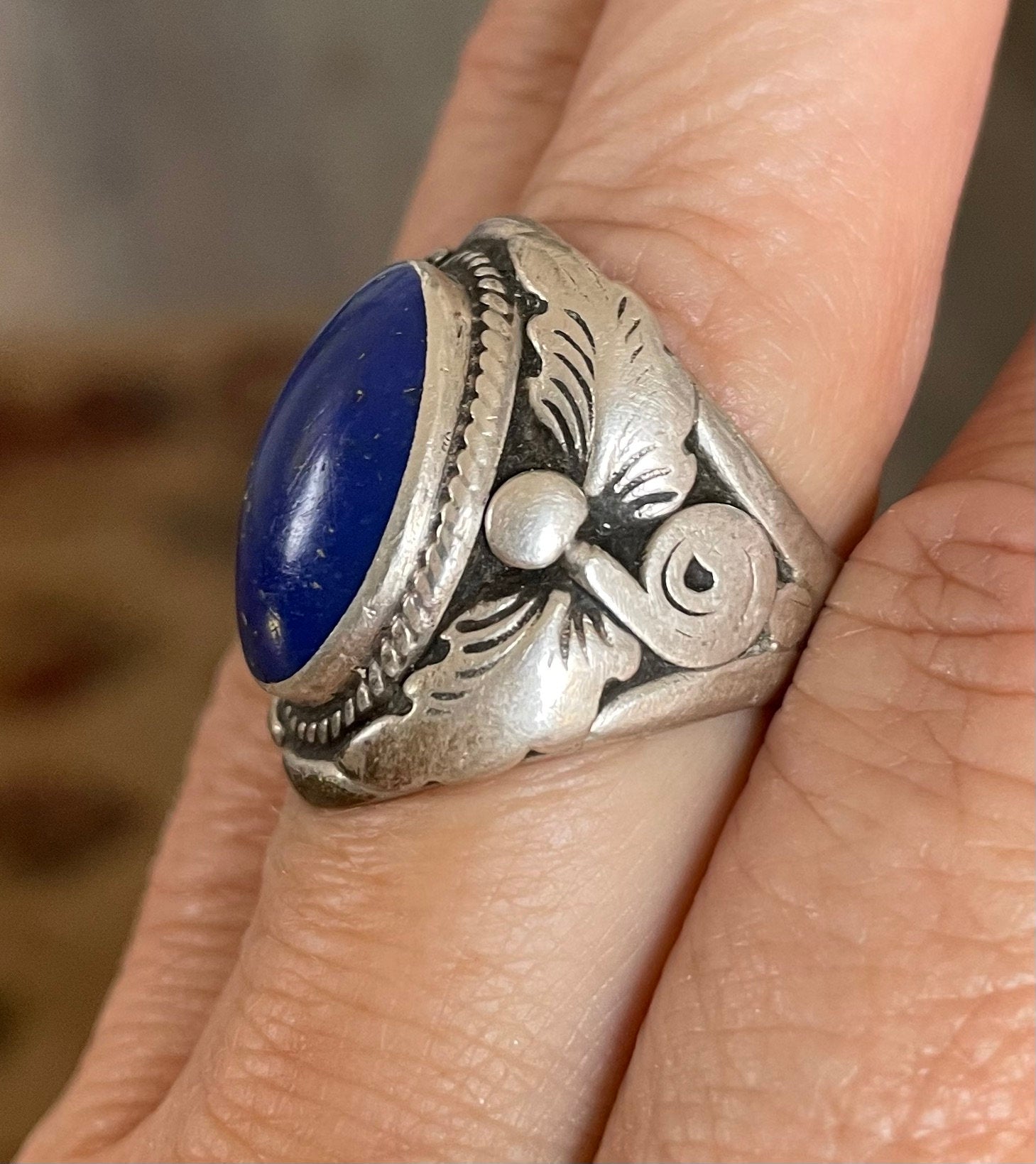 Native American Artist Signed Vintage Sterling Silver and Blue Lapis Ring Size 9