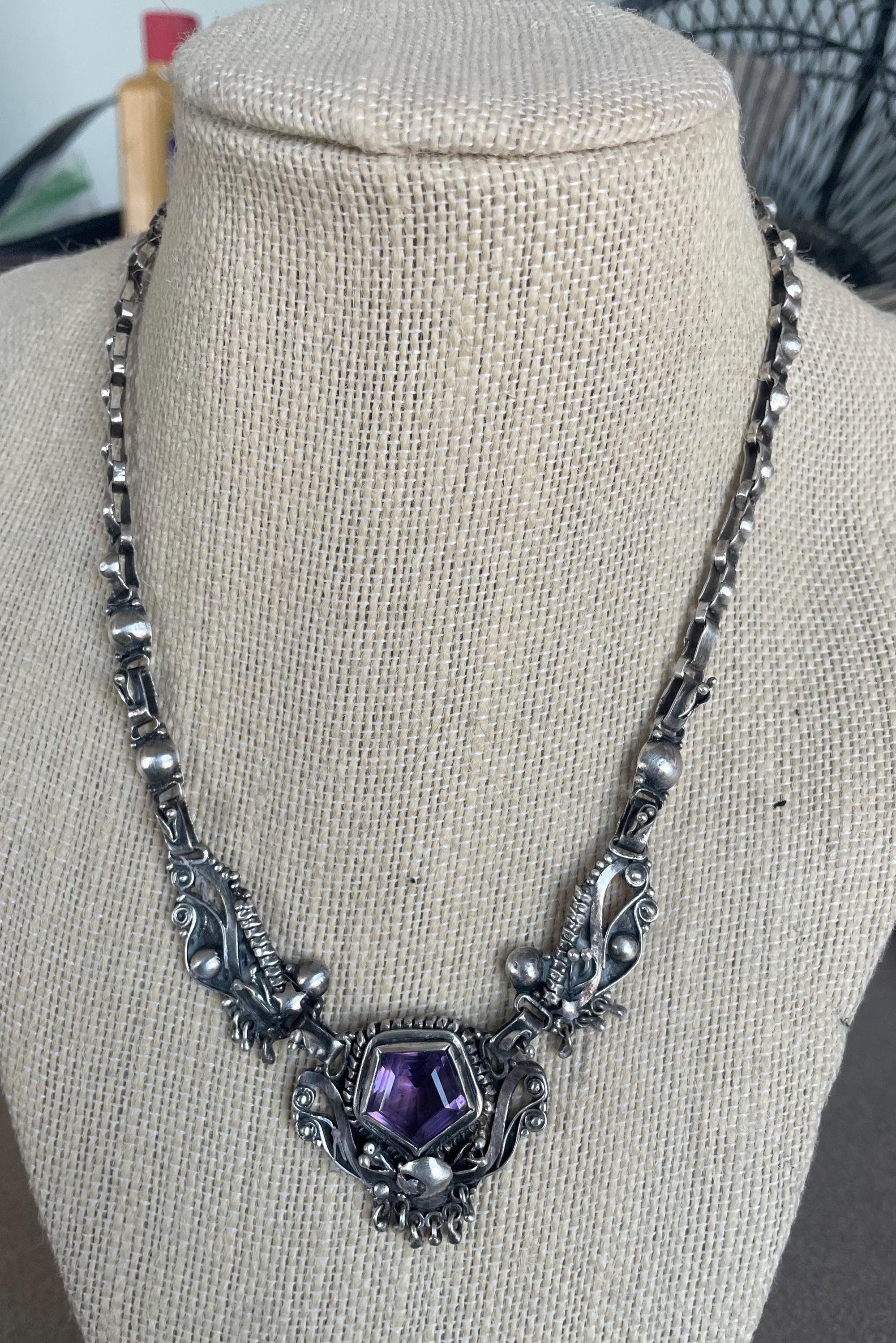 Very Ornate Amethyst Sterling Silver Choker Necklace Signed by Artist Made in India