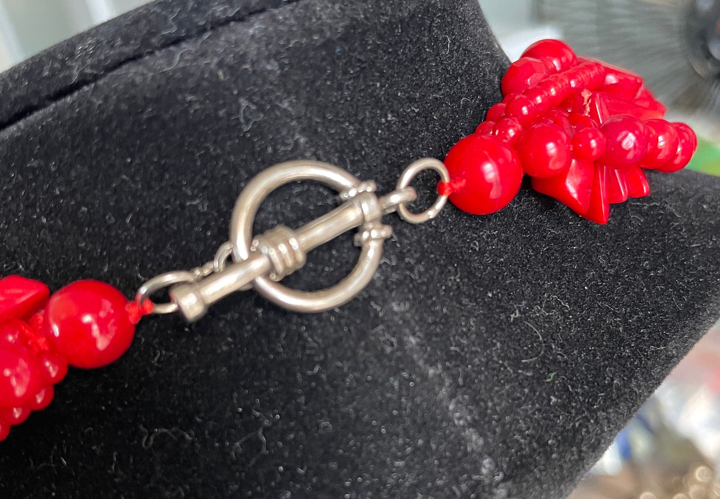 Vintage Natural Coral Chunky Beaded 5 Strand Necklace with Sterling Silver Clasp Signed CN