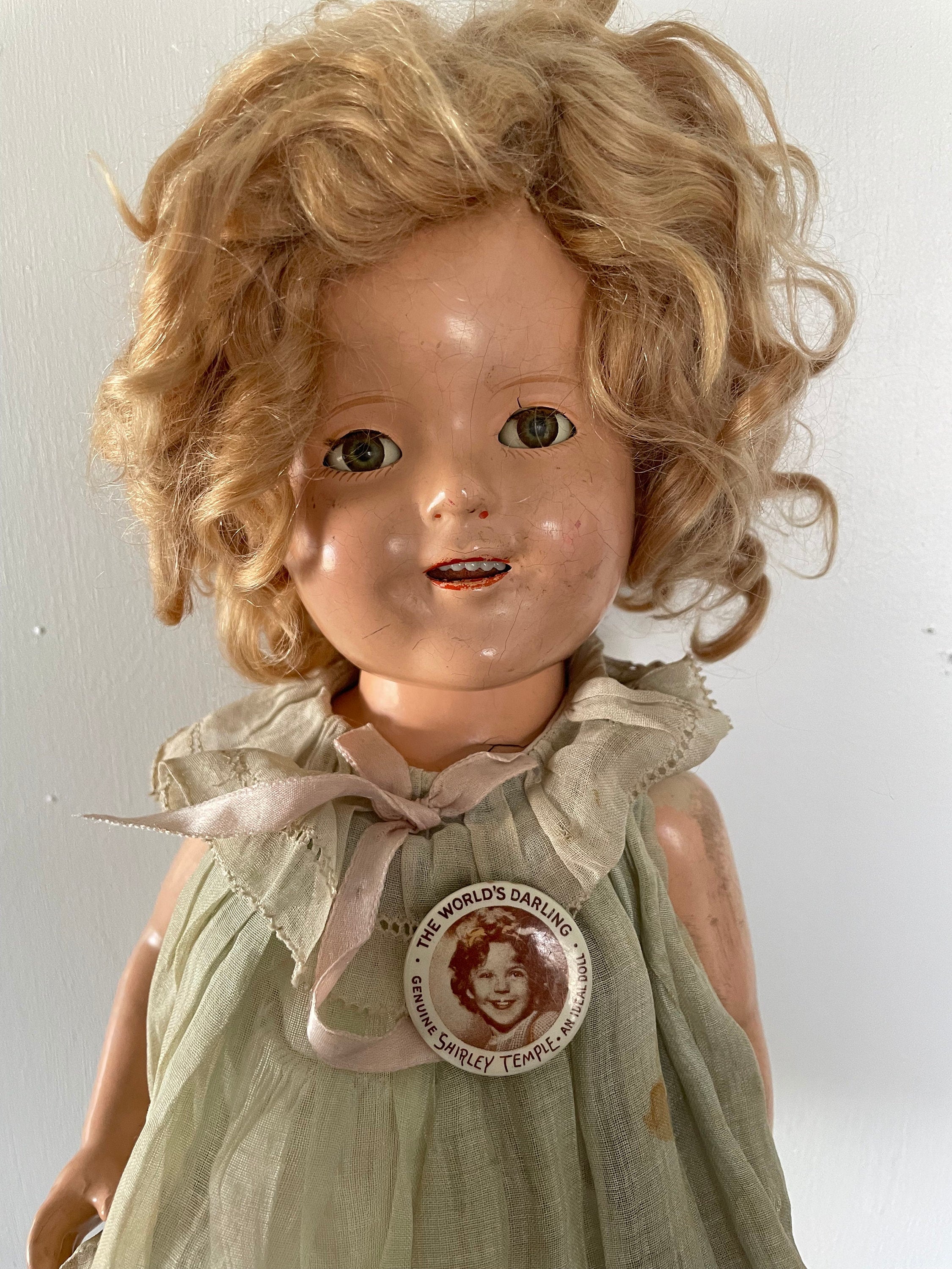 Shirley Temple 17" Composition Doll Ideal, Rare Tagged Dress, Slip Oil Cloth Shoes Socks Button