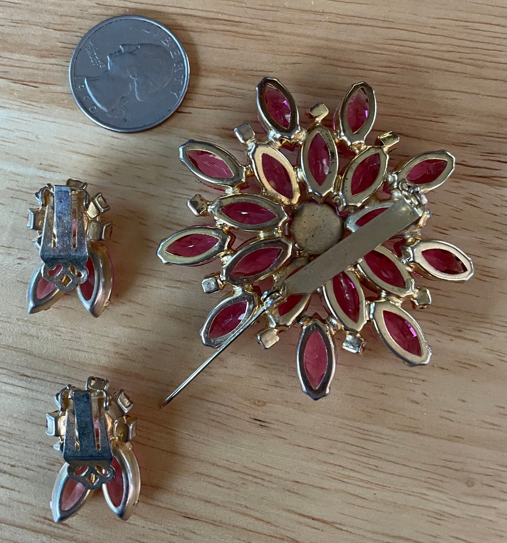 Large Vintage D & E Juliana Pink Rhinestone  Brooch Pin and Clip Earrings