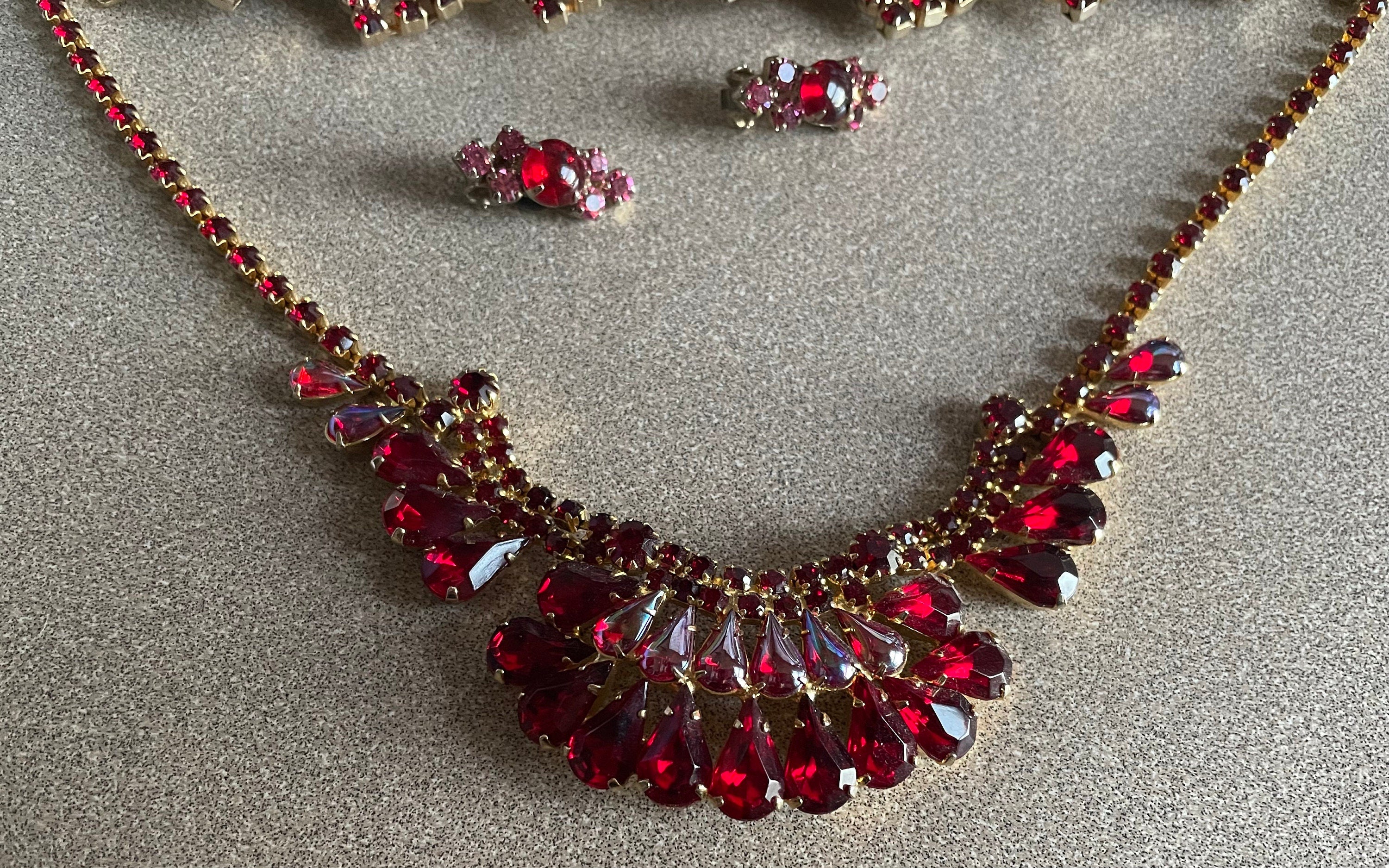 Stunning Vintage Red and Pink Watermelon Rhinestone Necklace Bracelet and Clip Earrings Set