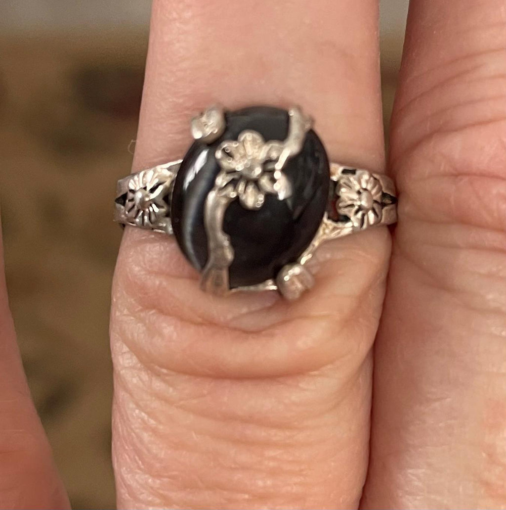Vintage Unique Sterling Silver Black Onyx Moonstone Ring Size 5