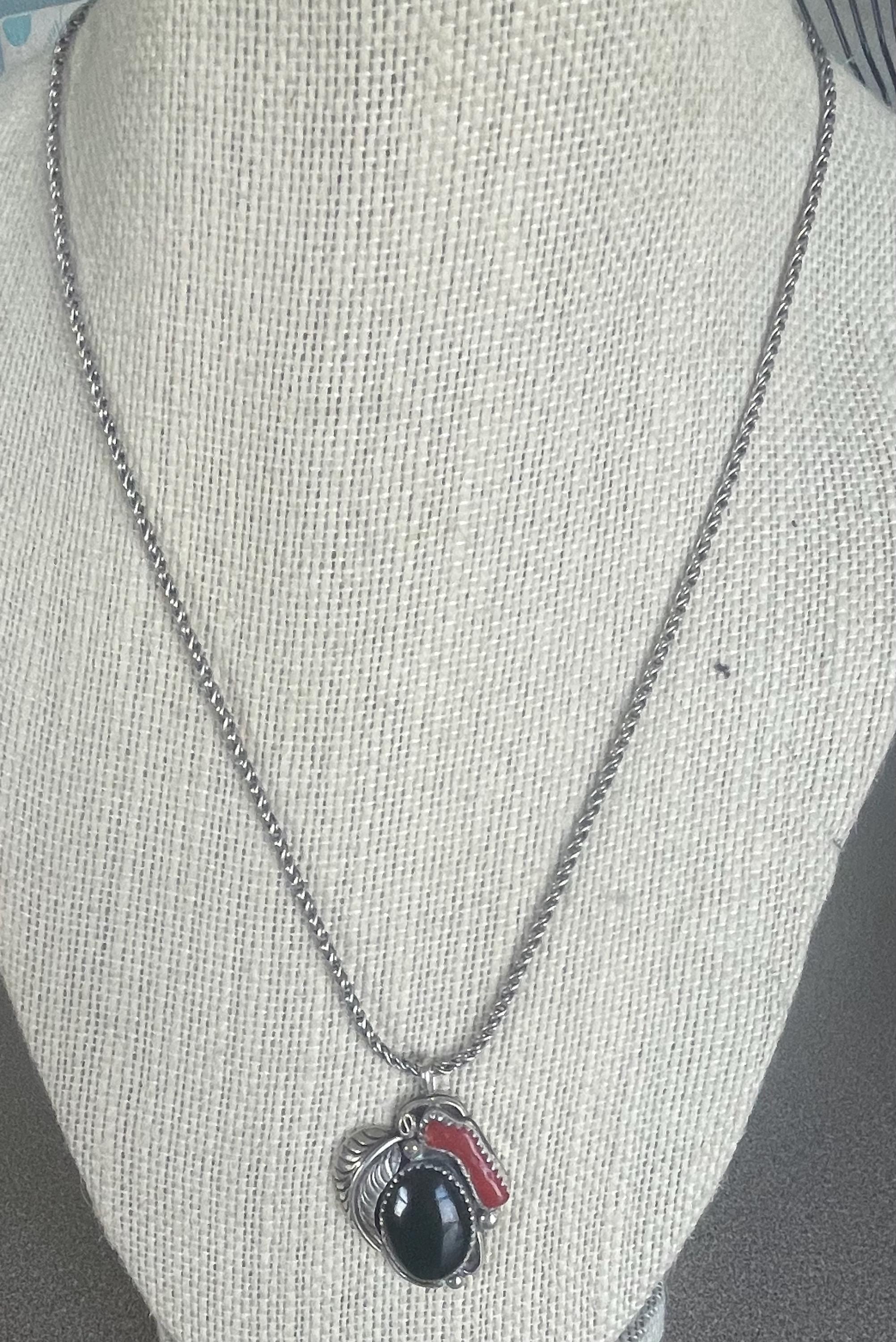 Beautiful Vintage Native American Black Onyx and Coral Sterling Silver Necklace Pendant