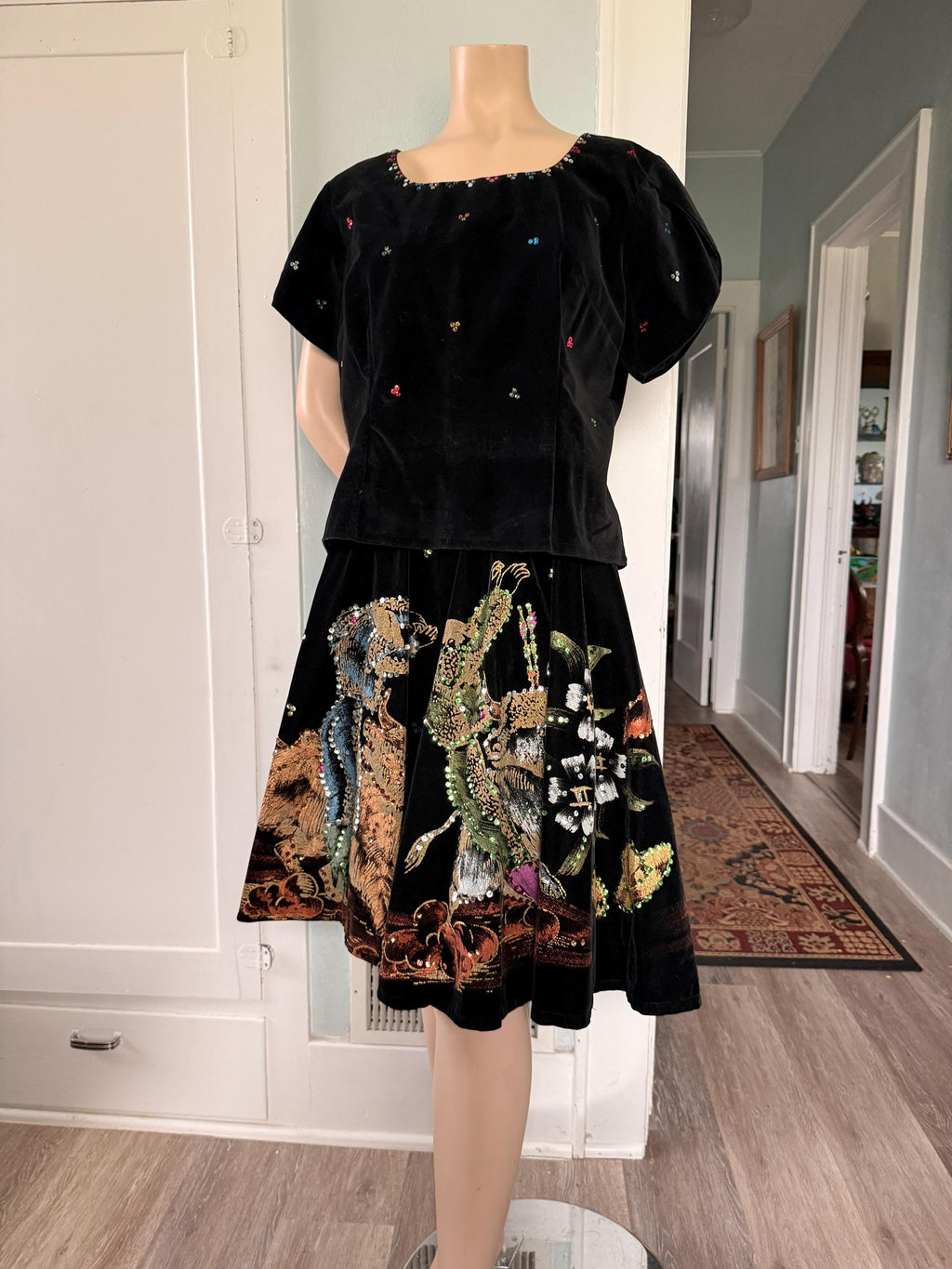 Stunning Bull Fighter 1950's Mexican Black Velvet Sequin Hand Painted Dress Circle Skirt with Top