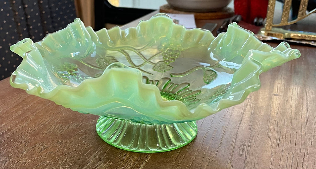 Beautiful Green Opalescent Glass Grape Pattern Footed Candy Dish