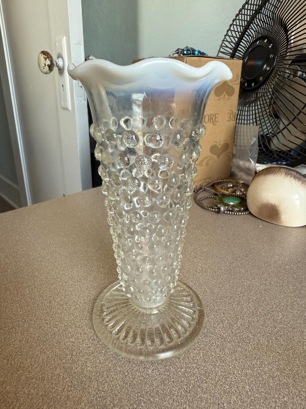 Vintage Fenton Opalescent Hobnail Moonstone Ruffle Top Vase
