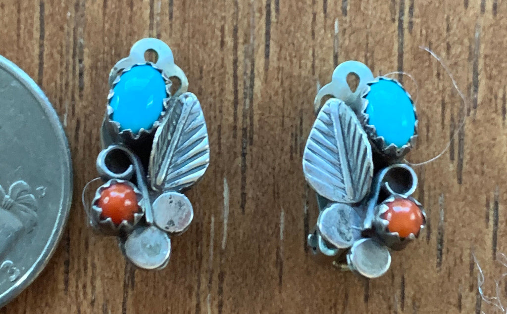 Beautiful Petite Native American Sterling Silver Turquoise Clip Earrings