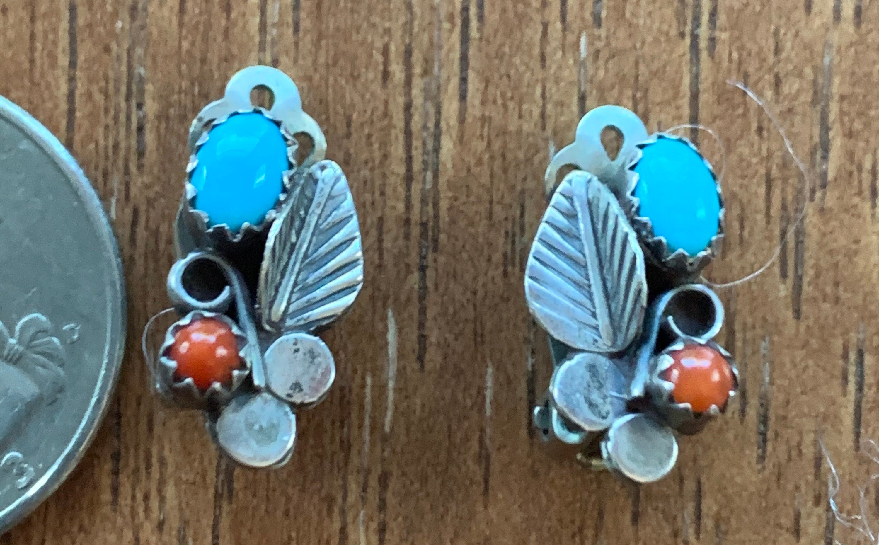 Beautiful Petite Native American Sterling Silver Turquoise Clip Earrings