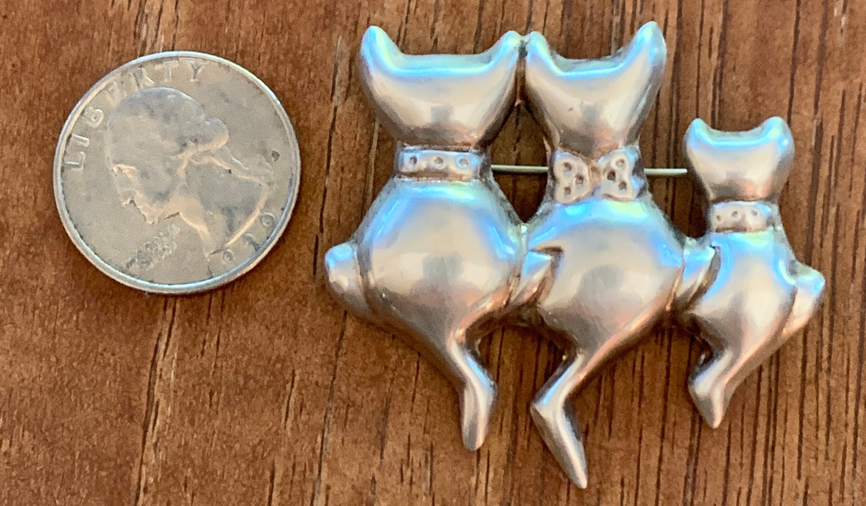 Large Vintage Signed Sterling Silver 3 Kitty Cats Brooch Pin