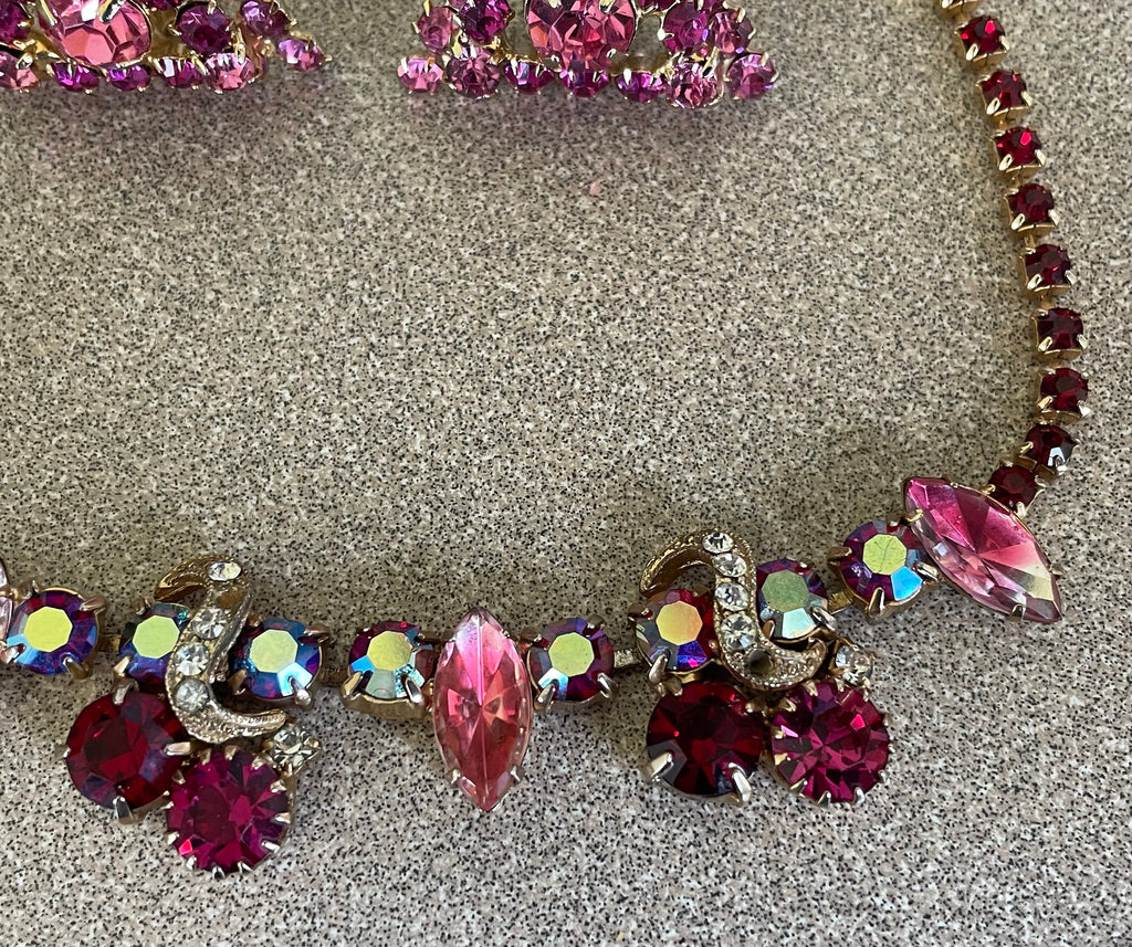 Unique Vintage Red and Pink Watermelon Rhinestone Necklace Bracelet and Clip Earrings Set Triangle Clip Earrings Chocker Necklace