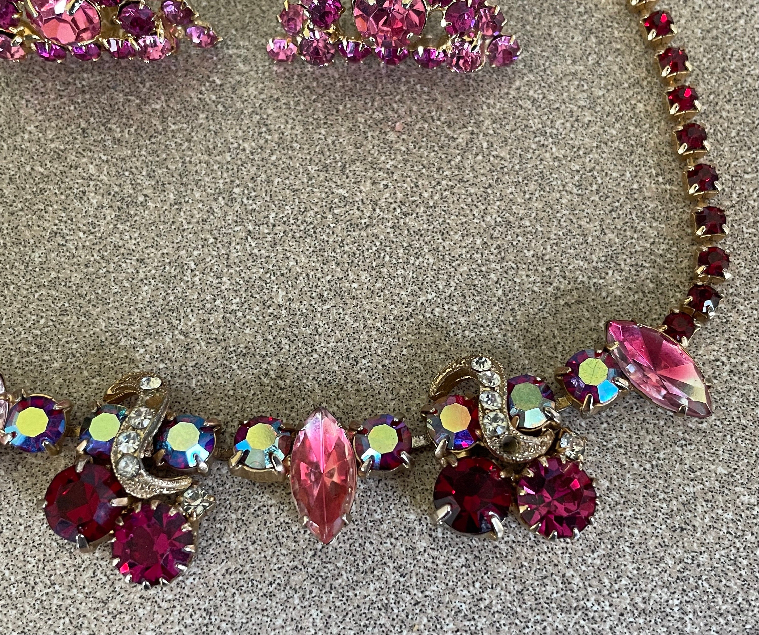 Unique Vintage Red and Pink Watermelon Rhinestone Necklace Bracelet and Clip Earrings Set Triangle Clip Earrings Chocker Necklace