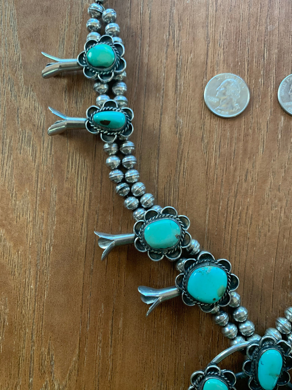 Heavy Sterling Silver Light Green Turquoise Artist Signed Squash Blossom Native American Necklace