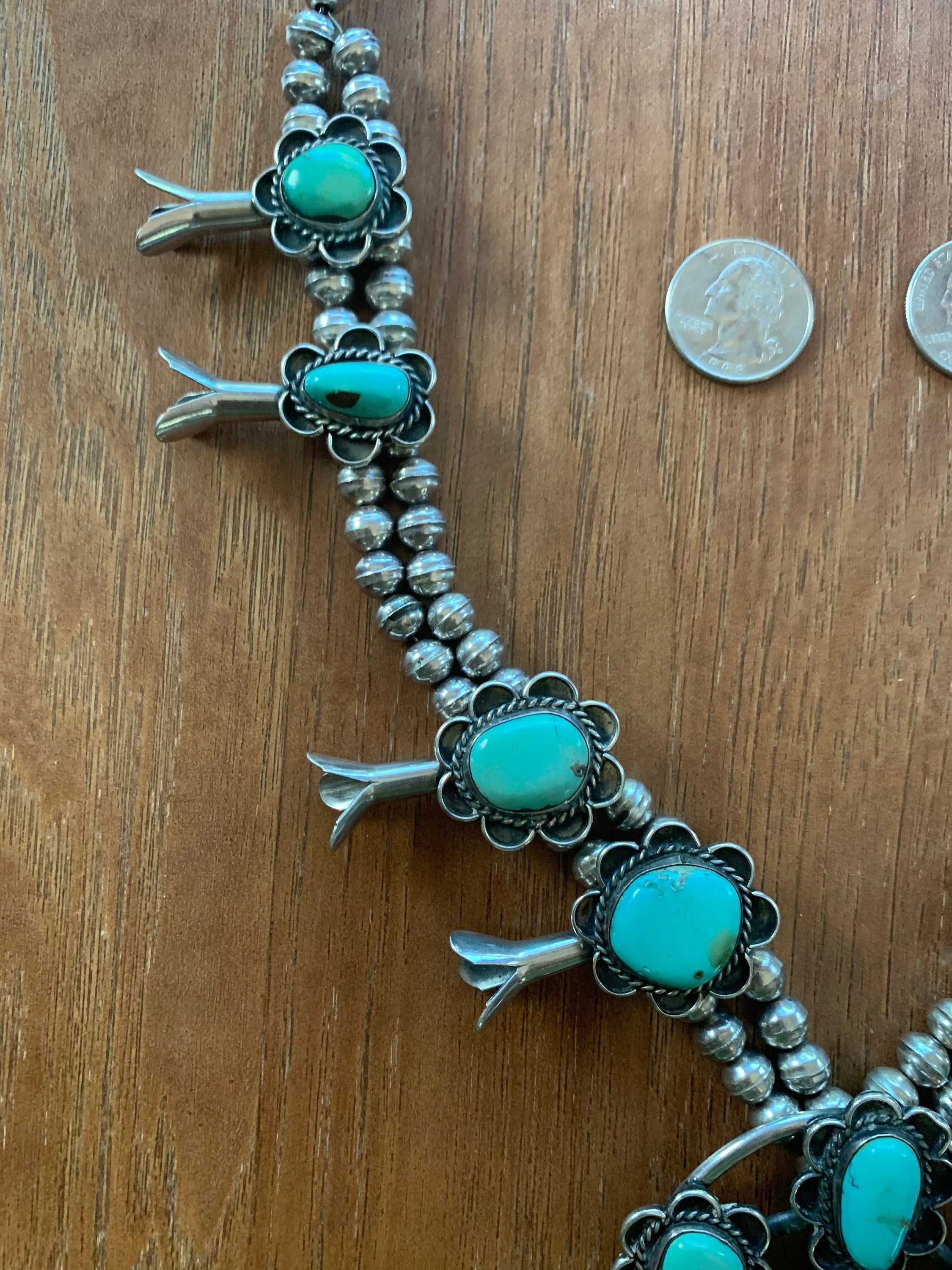 Heavy Sterling Silver Light Green Turquoise Artist Signed Squash Blossom Native American Necklace
