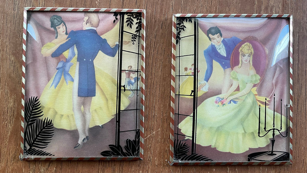2 Small  Beautiful Vintage Victorian Lovers Silhouette Pictures with Convex Glass