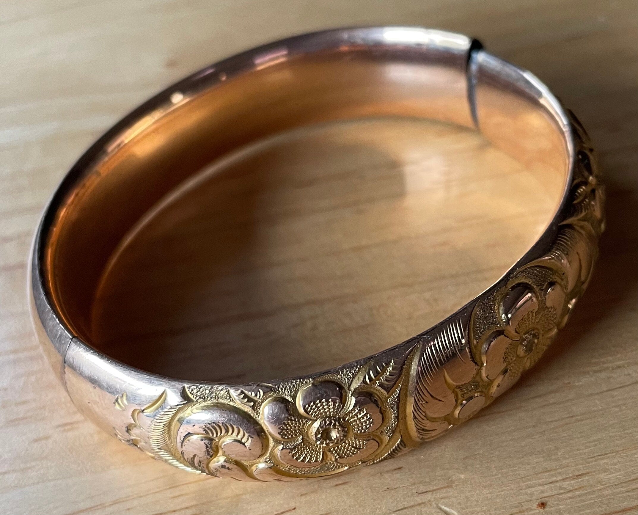Antique Victorian 12k Gold Filled Hinged Bracelet with Floral Gilt Design