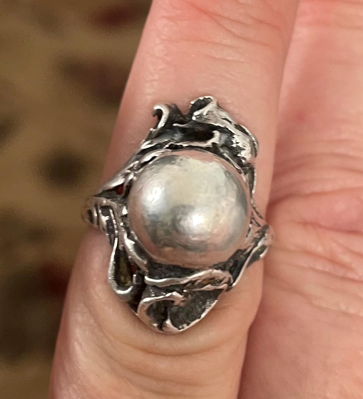Unique Vintage Artist Signed JP Ladies Sterling Silver Floral Pattern Ring Size 6 1/2