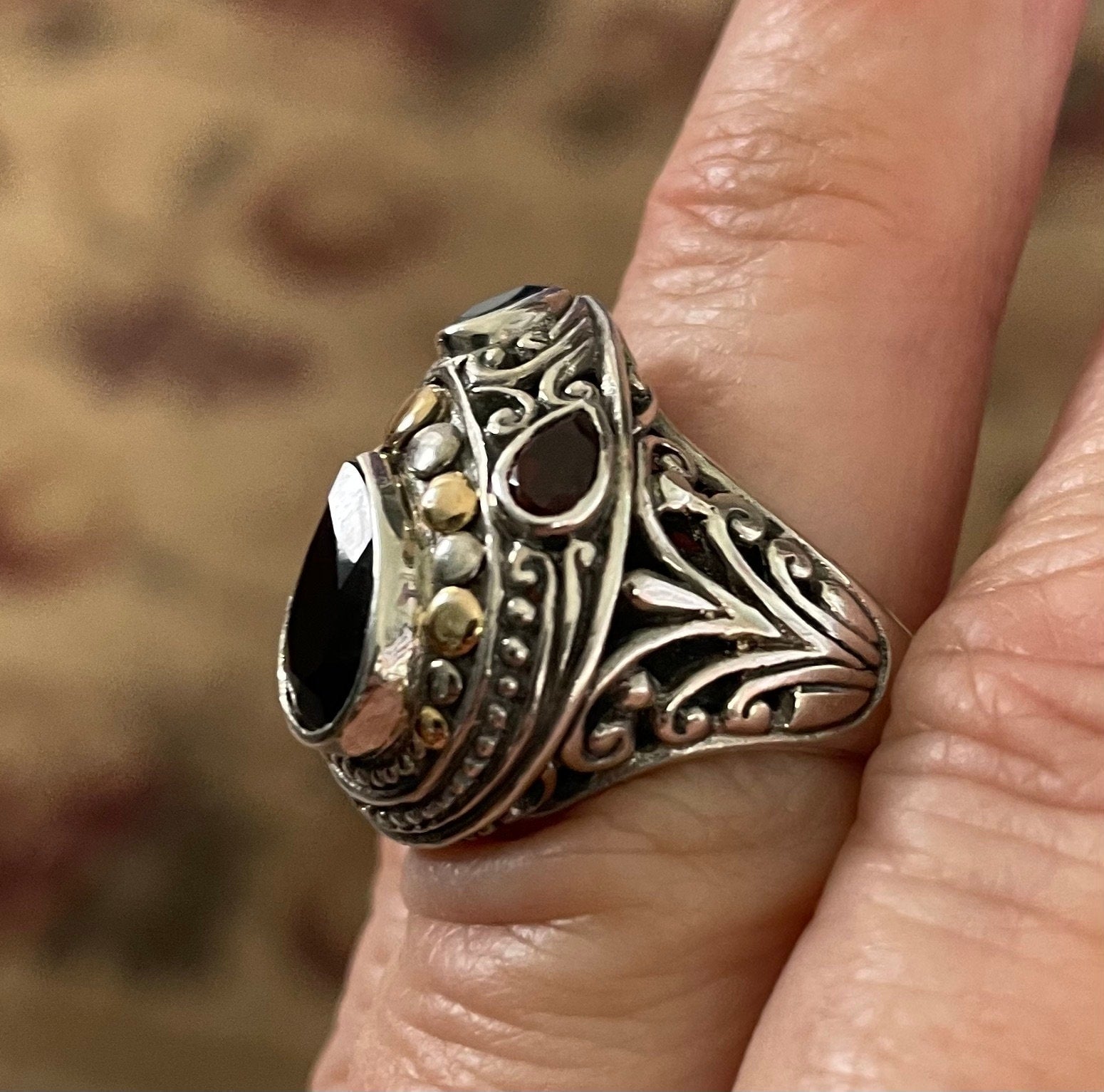 Stunning Vintage Bali Estate Multi Stone Stamped "M" For Robert Manse Sterling Silver 18k Gold Ring Size 6 Onyx Aquamarine Citrine Garnet