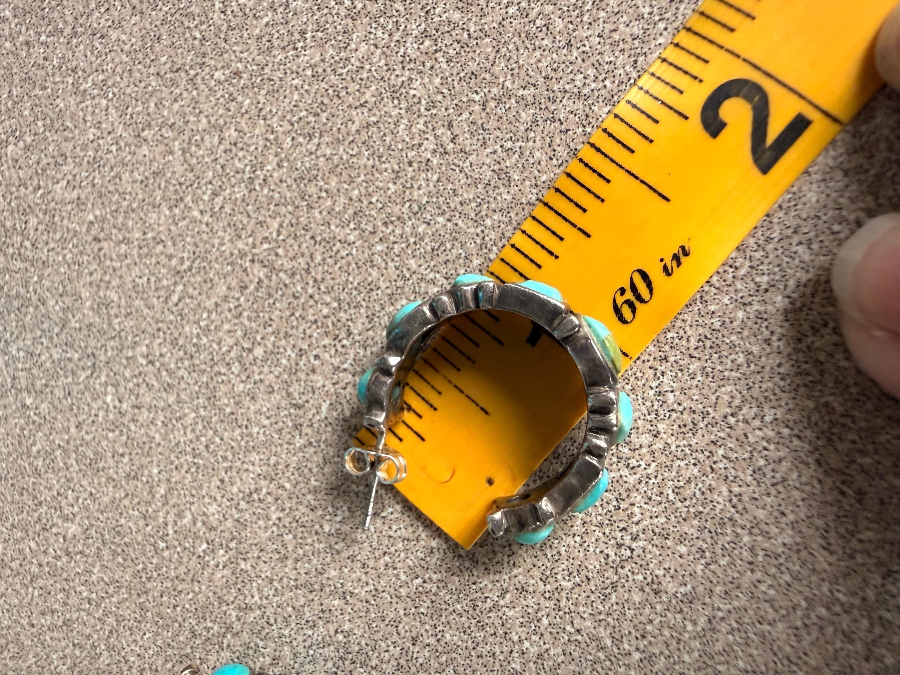 Beautiful Native American Sterling Silver and Turquoise Hoop Round Post Earrings