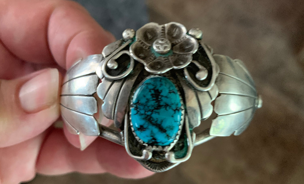 Vintage Native American Sterling Silver Turquoise Cuff Bracelet Signed JB