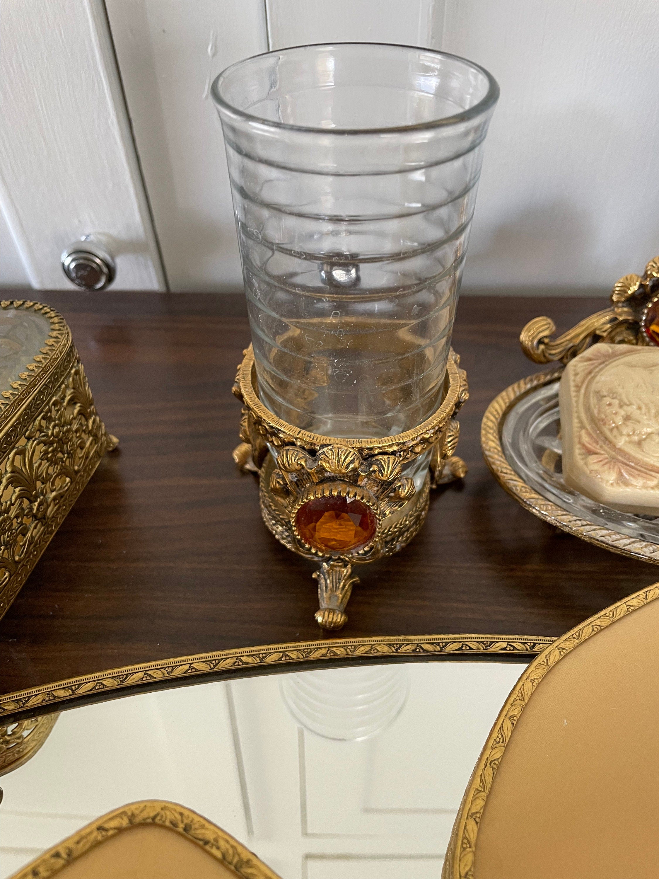 Beautiful Antique Victorian Ormolu Vanity Set Tray Comb Brush Jewelry Box Clock Soap Dish Glass and Holder Amber Rhinestones 8 Pieces