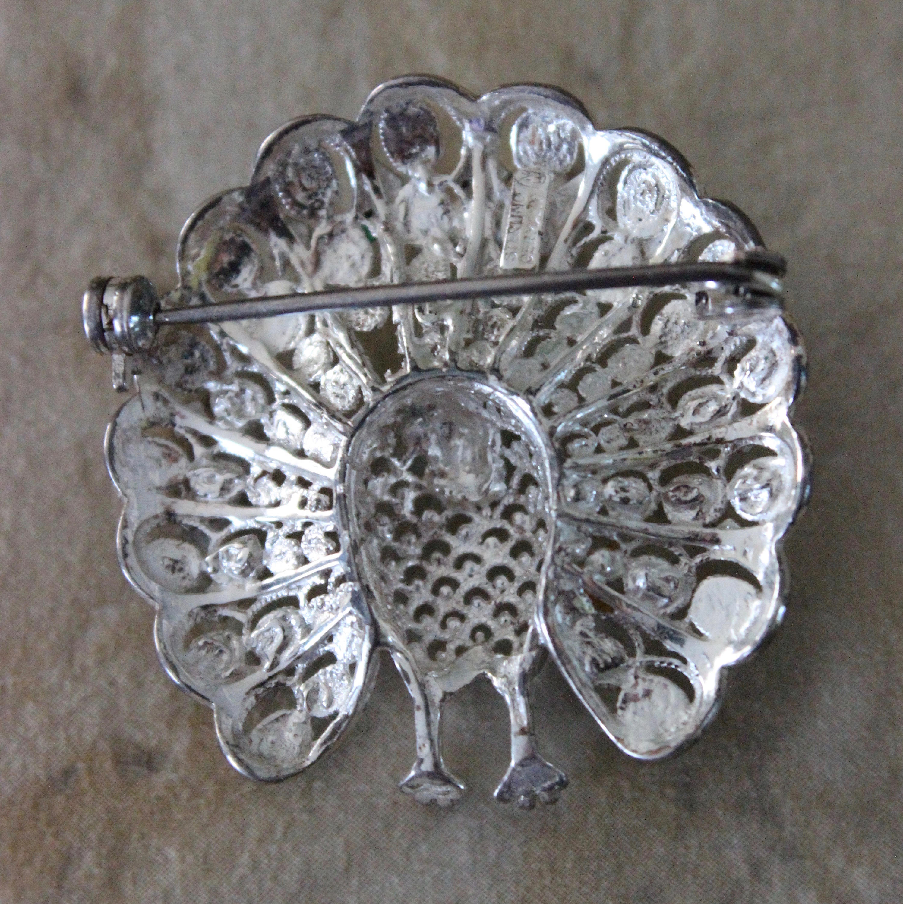 Beautiful Vintage Enamel Sterling Silver Peacock Brooch Pin Marked Germany