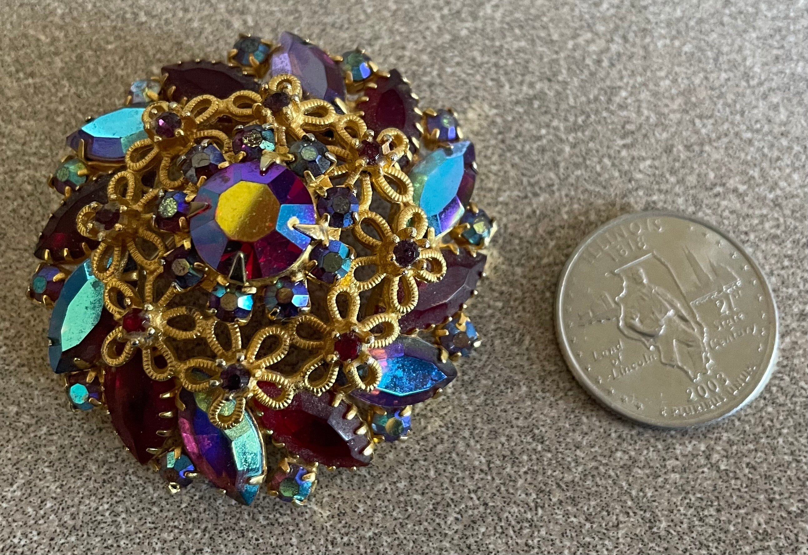Stunning Large D & E Juliana Vintage High Domed Aurora Rhinestone Brooch Pin Watermelon Rhinestone Multi Colors Gold Flowers Reds and Blues