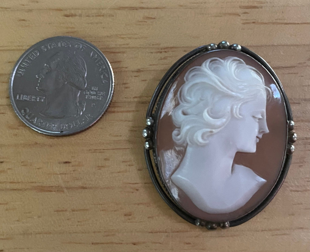 Vintage Hand Carved Shell  Cameo Pin Sterling Silver Beautiful Face