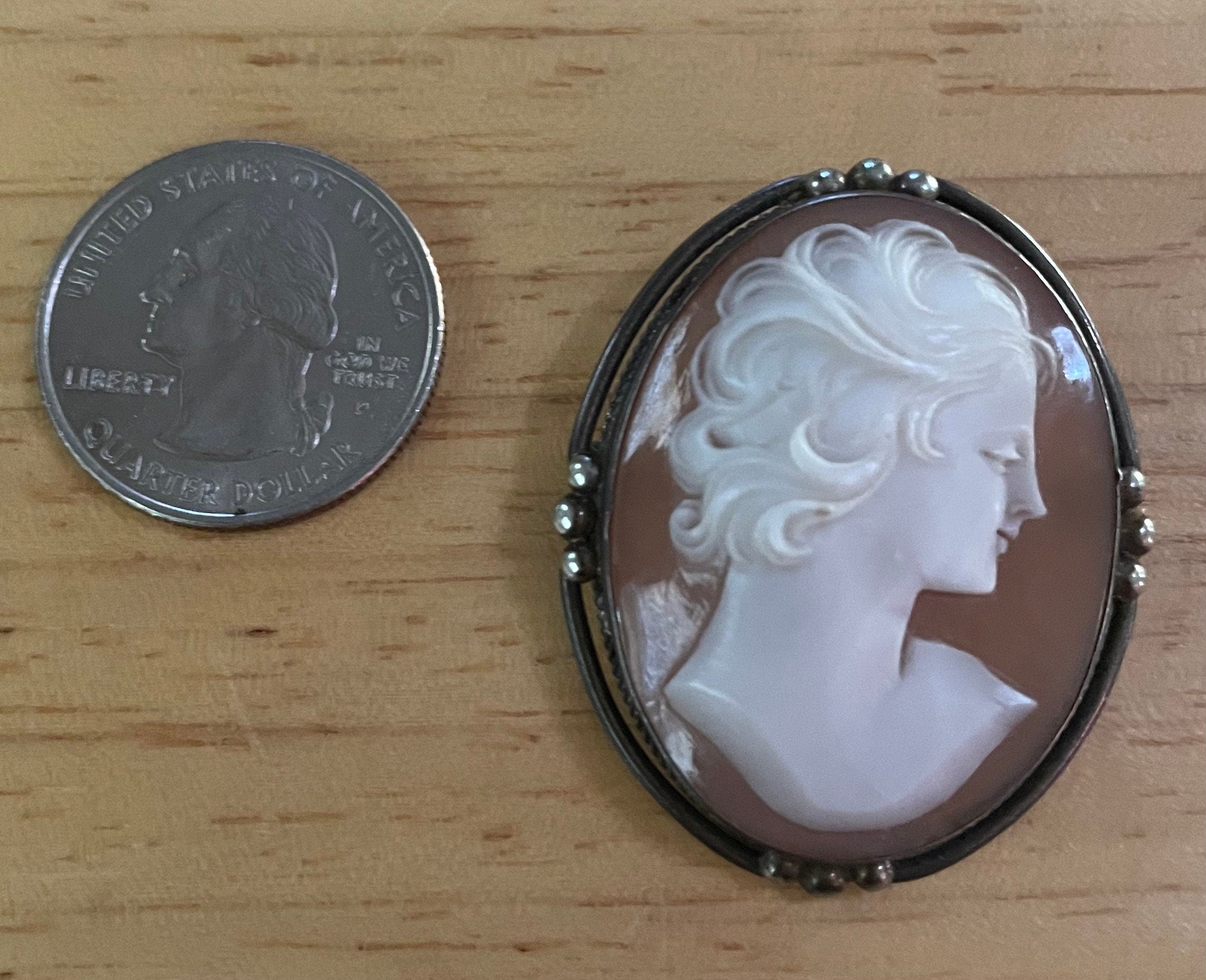 Vintage Hand Carved Shell  Cameo Pin Sterling Silver Beautiful Face