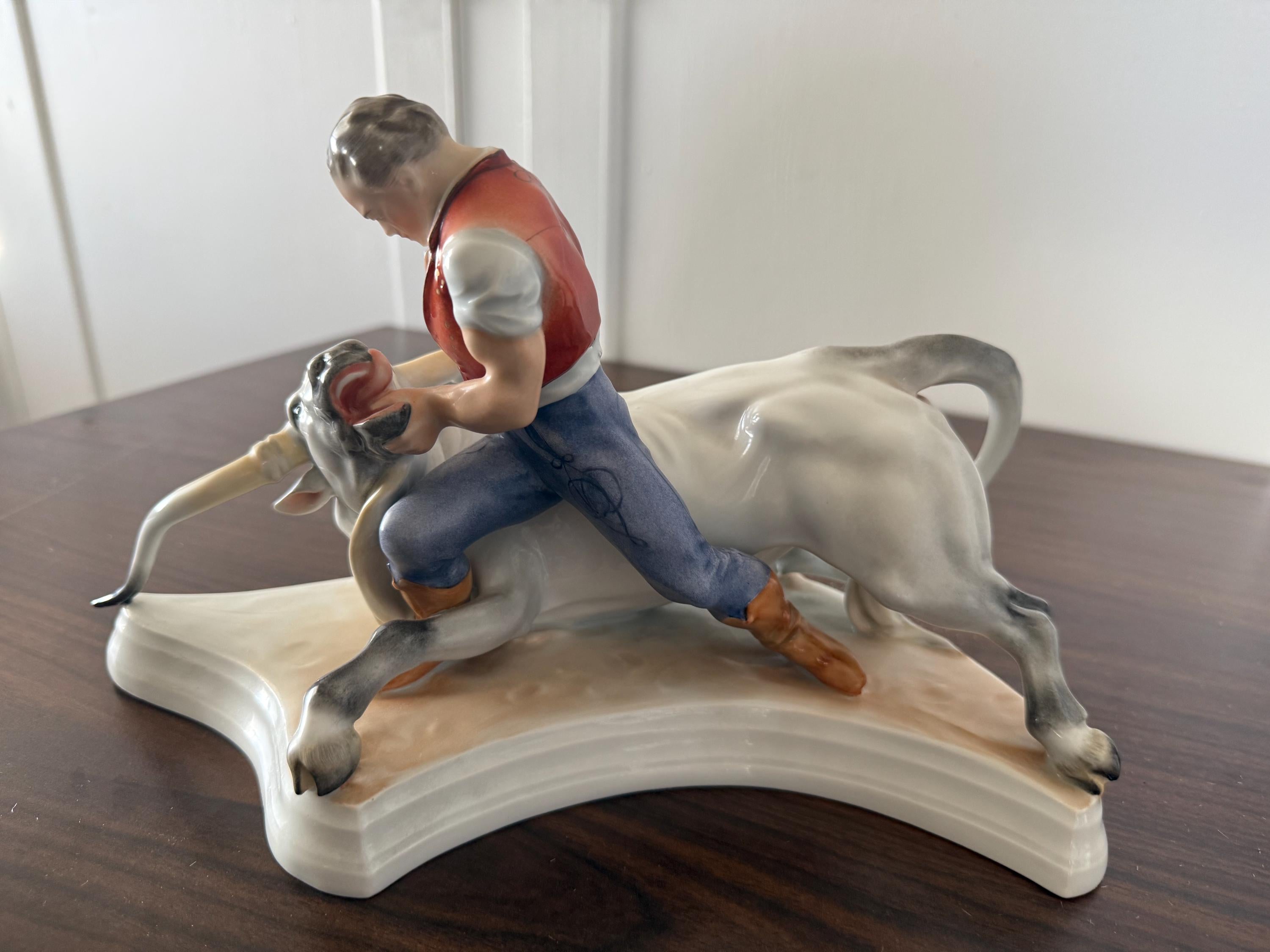 Large Herend Sculpture 5474 "TOLDI & THE BULL" Bull Fighter 16” Long