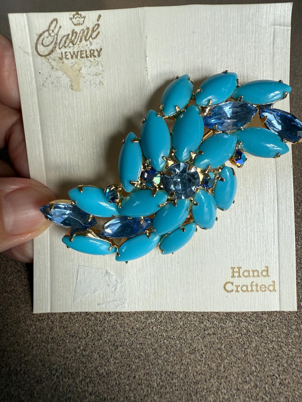 Large Vintage Blue Rhinestone Garne Jewelry Hand Crafted Brooch Pin and Clip Earrings