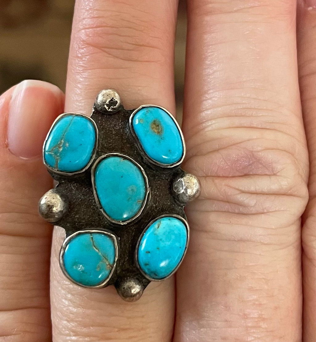 Vintage Native American Multi Stone Turquoise Sterling Silver Ring Size 7